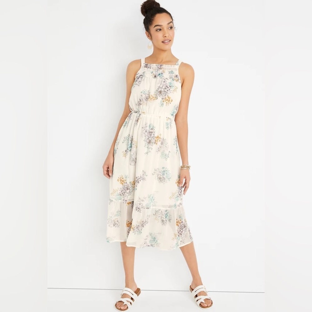 NEW Maurices White Floral Halter Neck Midi Dress Sz XXL NWOT